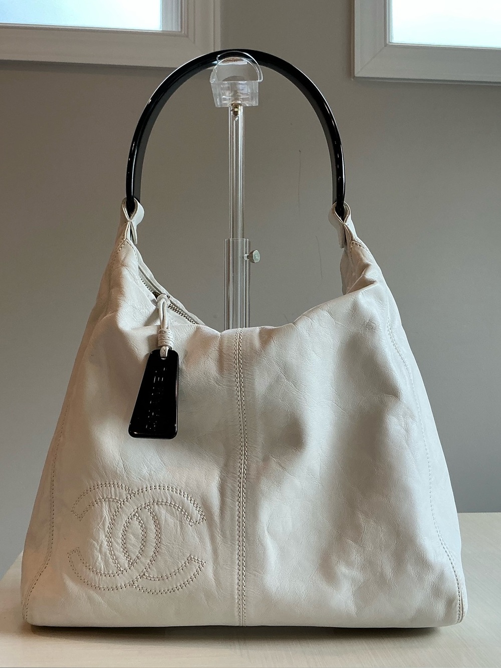 Auth Vintage Chanel White Hobo Black Resin Strap w/Auth card, booklet, and dusty